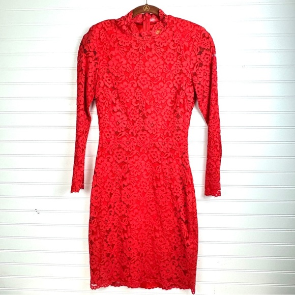 H&M Women’s Red Lace Dress Long sleeve Open Back Knee Length Gold label Sz 4 - Picture 2 of 14